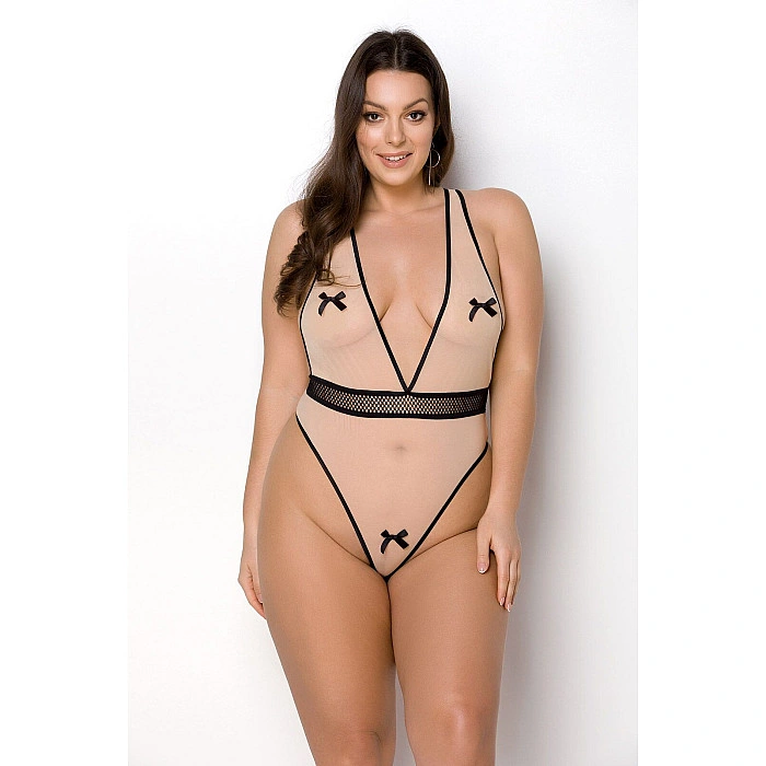 Боді Passion VIENA BODY 4XL/5XL, beige, контрастне, бантики, вставка-сітка, відкриті сідниці