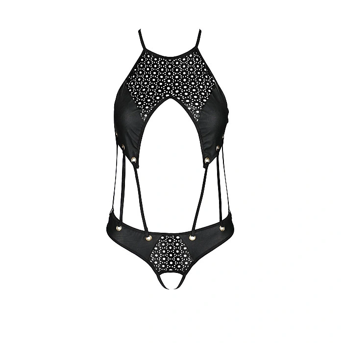 Боди с открытым доступом Passion TASMINA BODY XXL/XXXL, black, экокожа, шнуровки, ажурные кружева