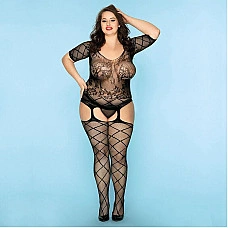 Бесшовный бодистокинг JSY «Пошлая Грейс» Plus Size, Black, длинный рукав, имитация чулок, мелкая сет