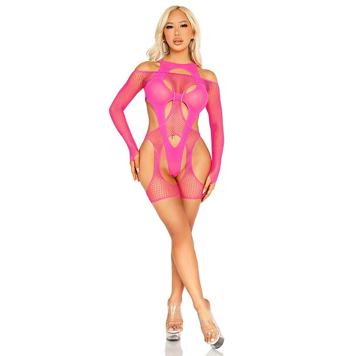 Бодистокинг Leg Avenue Fishnet Garter Harness and Teddy One Size Neon Pink