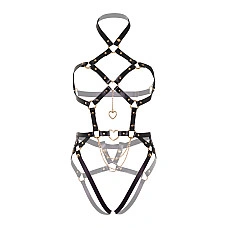 Портупея-тедди из экокожи Leg Avenue Heart ring harness teddy L, Black, подвеска-сердечко, цепи