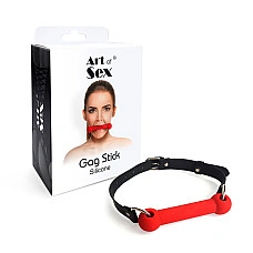 Кляп-палиця на ременях Art of Sex – Gag Stick Silicon, червоний, натуральна шкіра