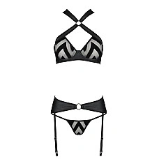 Сетчатый набор с узором, бюстгальтер, трусики, пояс для чулок Passion HIMA SET XXL/XXXL black