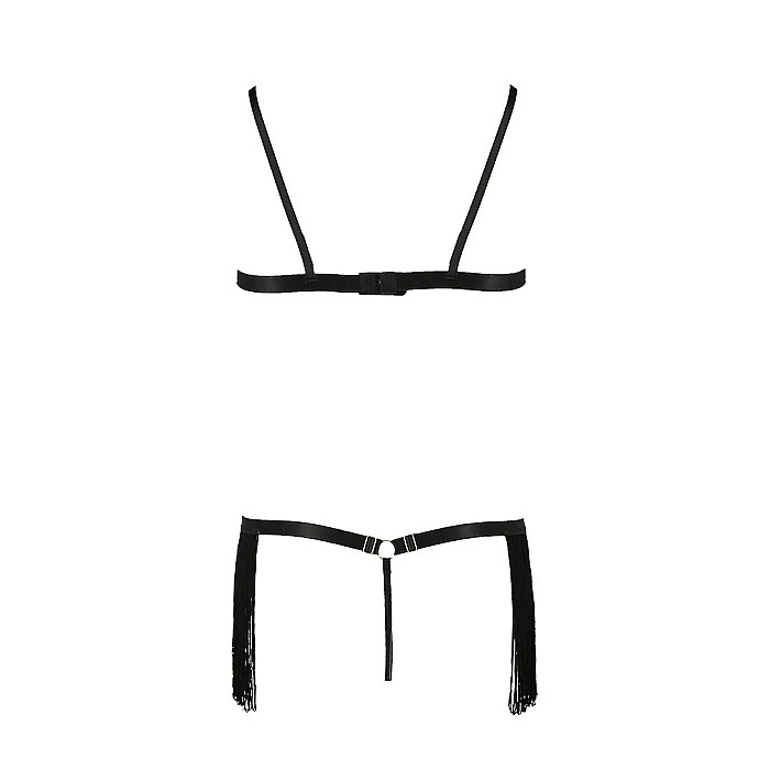 Комплект білизни Passion Exclusive KASSANDRA SET OpenBra L/XL black, ліф з бахроми, трусики-спідниця
