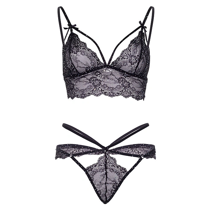 Еротичний комплект зі стрепами та стразами Leg Avenue Ready Or Not S Black, бра + стрінги