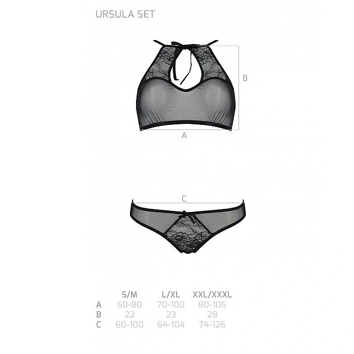 Комплект: бра, трусики с ажурным декором и открытым шагом Passion URSULA SET S/M, black
