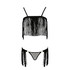 Комплект белья Passion Exclusive KASSANDRA SET OpenBra 2XL/3XL, black, лиф из бахромы, трусики-юбка