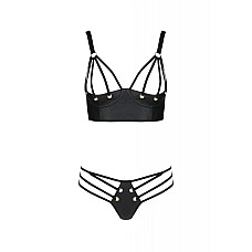 Комплект з екошкіри Passion MALWIA BIKINI 4XL/5XL black, з люверсами та ремінцями, бра, трусики
