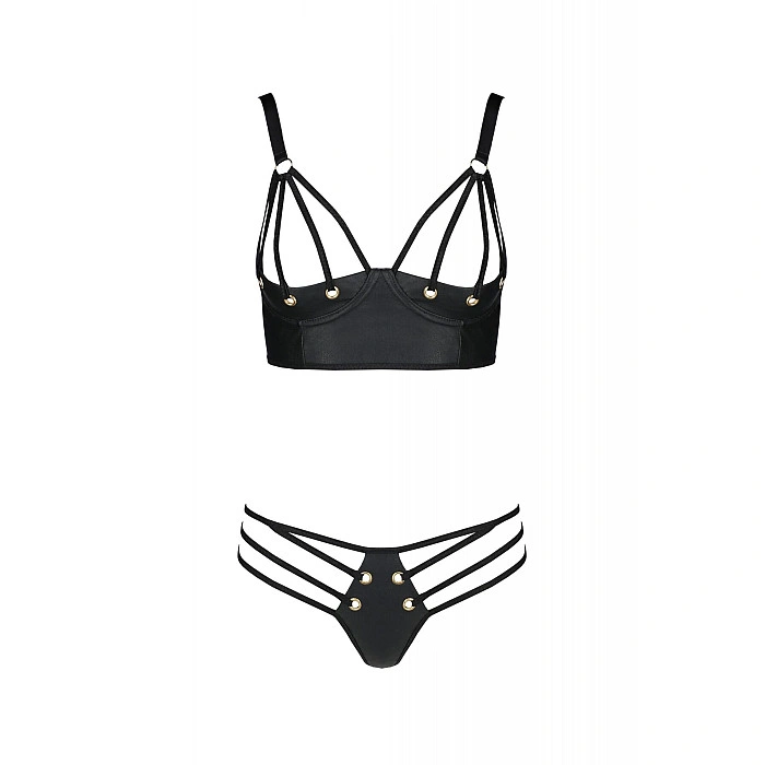 Комплект из экокожи Passion MALWIA BIKINI 4XL/5XL black, с люверсами и ремешками, бра, трусики
