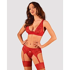 Комплект белья Obsessive Lacelove cupless 3-pcs set M/L Red, бюстгальтер, стринги, пояс для чулок
