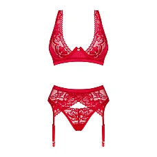 Комплект белья Obsessive Lacelove cupless 3-pcs set M/L Red, бюстгальтер, стринги, пояс для чулок