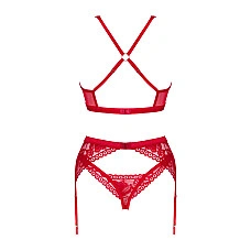 Комплект белья Obsessive Lacelove cupless 3-pcs set M/L Red, бюстгальтер, стринги, пояс для чулок
