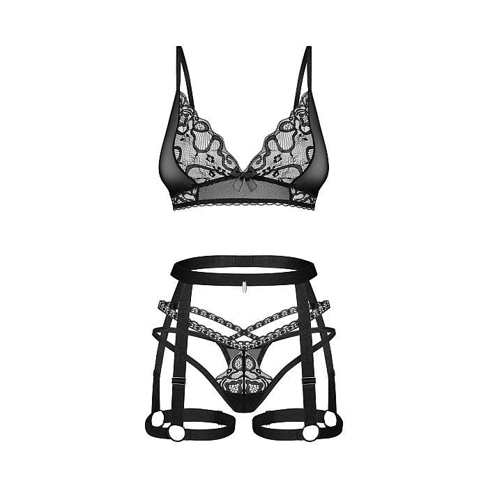 Комплект Obsessive Blomentis 3-pcs set, XL/2XL, мягкий лиф, стринги со стрепами, пояс с гартерами