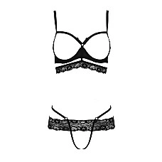 Комплект білизни Passion Exclusive SARIA SET OpenBra S/M, black, стрепи, відкритий ліф, стрінги