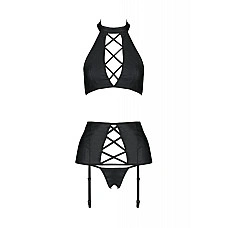Комплект із екошкіри Passion NANCY SET 6XL/7XL black, імітація шнурівки, топ, пояс для панчіх