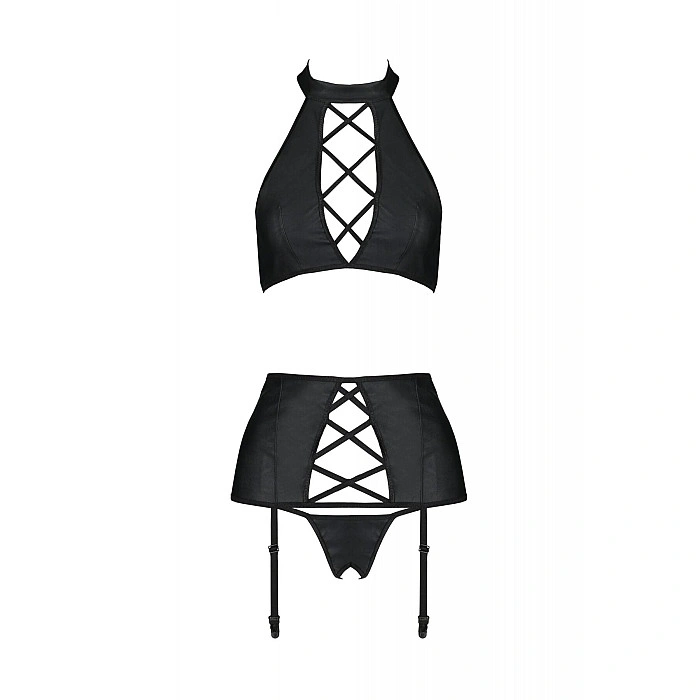 Комплект из экокожи Passion NANCY SET 6XL/7XL black, имитация шнуровки, топ, пояс для чулок