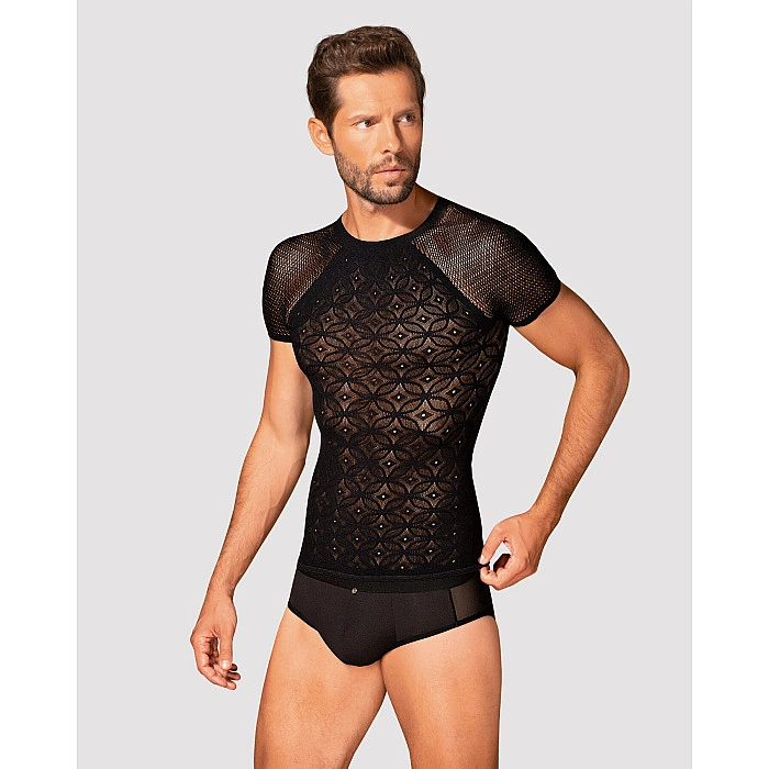 Мужская полупрозрачная футболка с орнаментом Obsessive T102 T-shirt S/M/L, черная