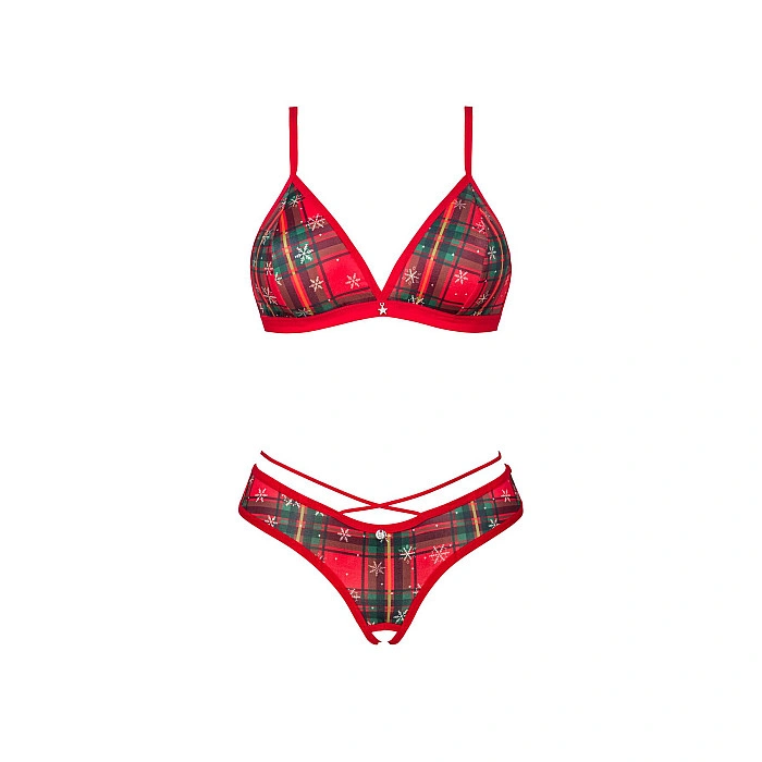 Комплект Obsessive Ms Merrilo 2-pcs set, XS/S, мягкий бюстгальтер и трусики с доступом и с помпоном