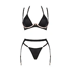 Комплект белья Obsessive Selinne 3-pcs set M/L Black, бюстгальтер, стринги пояс для чулок