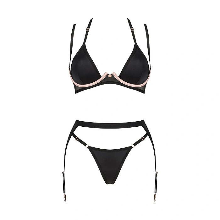 Комплект белья Obsessive Selinne 3-pcs set M/L Black, бюстгальтер, стринги пояс для чулок