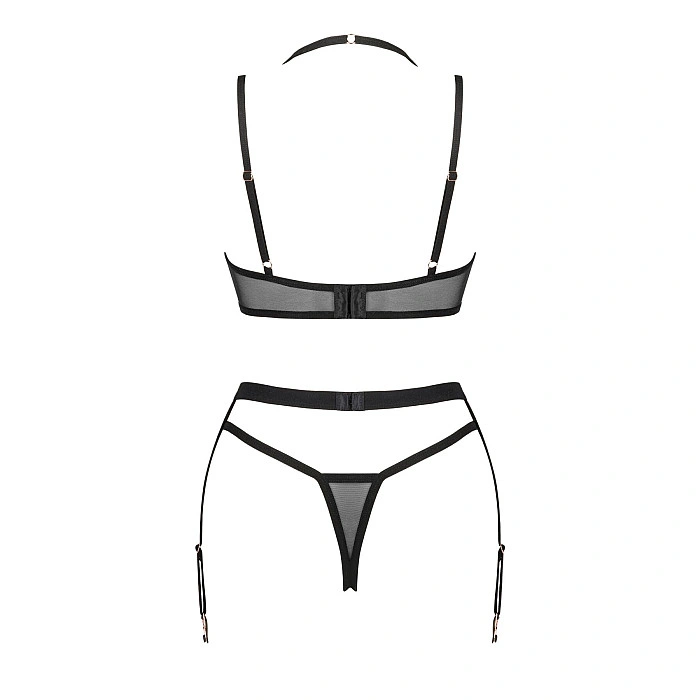 Комплект белья Obsessive Selinne 3-pcs set M/L Black, бюстгальтер, стринги пояс для чулок
