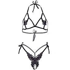Эротический комплект с открытой чашкой Leg Avenue Open cup bra and pearl panty One Size Black