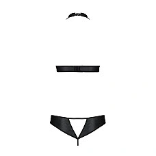 Комплект, відкритий топ та трусики з екошкіри з люверсами Passion MALWIA SET with Open Bra S/M black