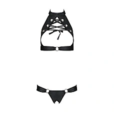 Комплект, відкритий топ та трусики з екошкіри з люверсами Passion MALWIA SET with Open Bra S/M black