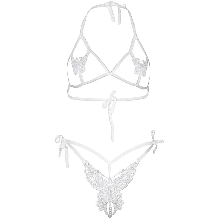 Эротический комплект с открытой чашкой Leg Avenue Open cup bra and pearl panty One Size White