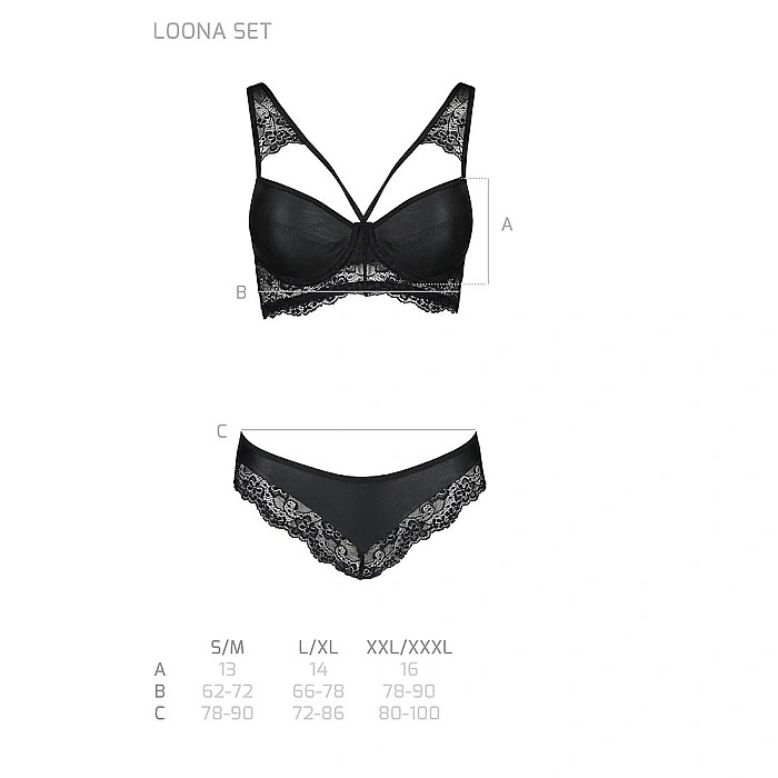 Комплект из эко-кожи с кружевом Passion LOONA SET L/XL, black, бра и трусики