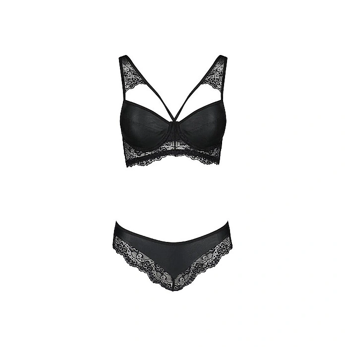 Комплект из эко-кожи с кружевом Passion LOONA SET L/XL, black, бра и трусики