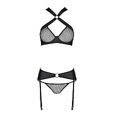 Сетчатый набор, бюстгальтер с халтером, трусики и пояс для чулок AMANDA SET L/XL, black