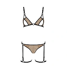 Еротичний комплект спідньої білизни Passion GABI SET S/M beige, трусики з гартерами