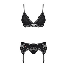 Кружевной комплект белья Obsessive 810-SEG-1 S/M Black, бюстгальтер, стринги, пояс для чулок