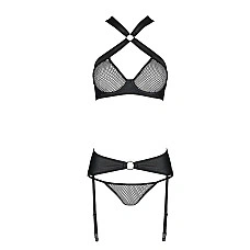 Сетчатый набор, бюстгальтер с халтером, трусики и пояс для чулок AMANDA SET S/M, black