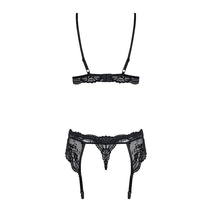 Кружевной комплект белья Obsessive 810-SEG-1 L/XL Black, бюстгальтер, стринги, пояс для чулок