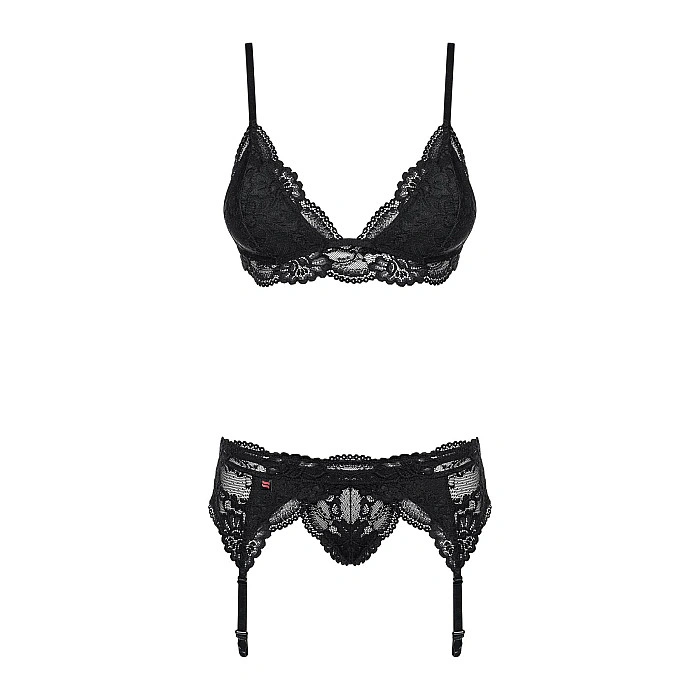 Кружевной комплект белья Obsessive 810-SEG-1 L/XL Black, бюстгальтер, стринги, пояс для чулок