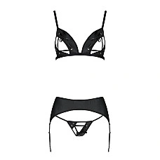 Комплект з екошкіри Passion MILEY SET L/XL, black, трусики, бюстгальтер, пояс для панчіх
