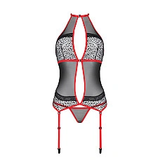 Корсет с пажами Passion SATARA CORSET XXL/XXXL red, стринги, кружево, застежки спереди и сзади