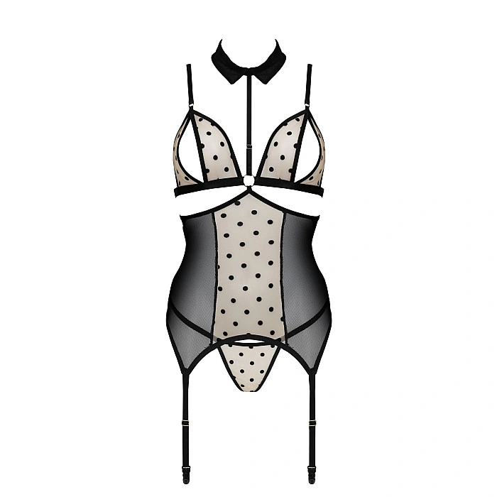 Корсет з відкритими грудьми Passion DOMINICA CORSET XXL/XXXL beige, пажі для панчіх, стрінги