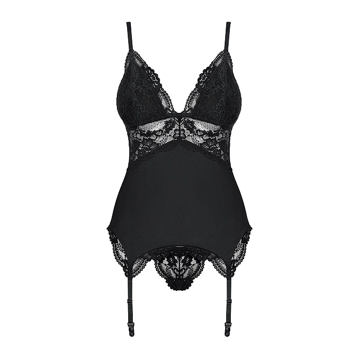Сатиновый кружевной корсет Obsessive 810-COR-1 babydoll & thong L/XL, черный, корсет, танга