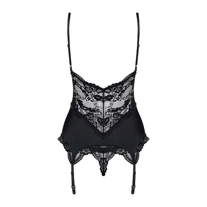 Сатиновый кружевной корсет Obsessive 810-COR-1 babydoll & thong L/XL, черный, корсет, танга
