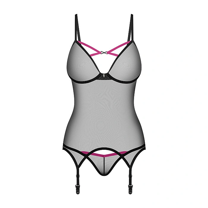 Корсет Obsessive Novenes corset & thong, M/L, прозрачный, открытая спина, стринги в комплекте