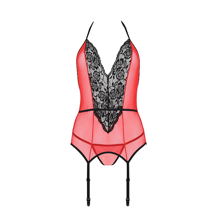 Корсет с пажами для чулок Passion PEONIA CORSET S/M red, стринги