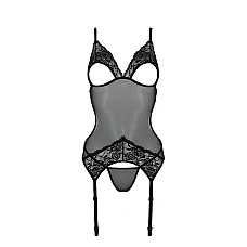 Корсет с подвязками и ажурным лифом Passion CHRISTA CORSET L/XL, black, стринги в комплекте