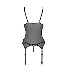 Корсет с подвязками и ажурным лифом Passion CHRISTA CORSET S/M, black, стринги в комплекте
