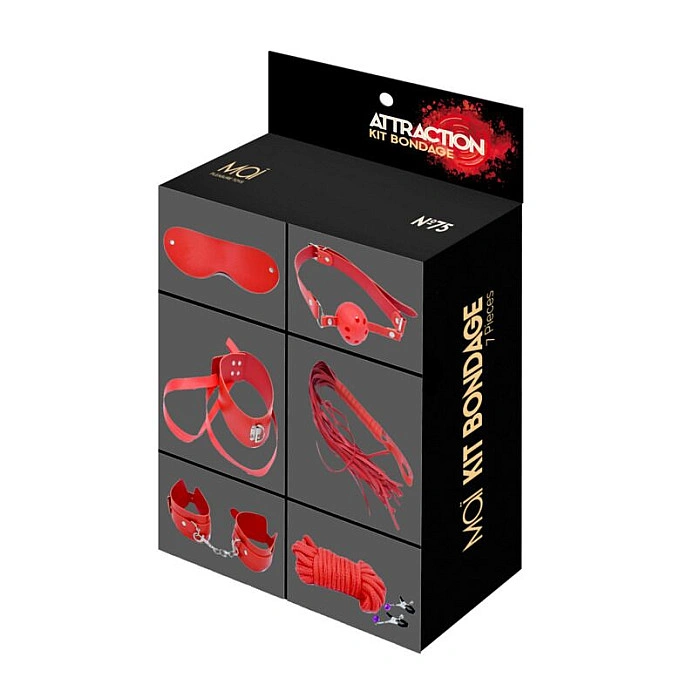 Набор MAI BDSM STARTER KIT Nº 75 Red: плеть, кляп, наручники, маска, ошейник, веревка, зажимы