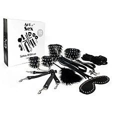 Набір Art of Sex - Spikes BDSM Set Leather, 10 предметів, натуральна шкіра, Чорний