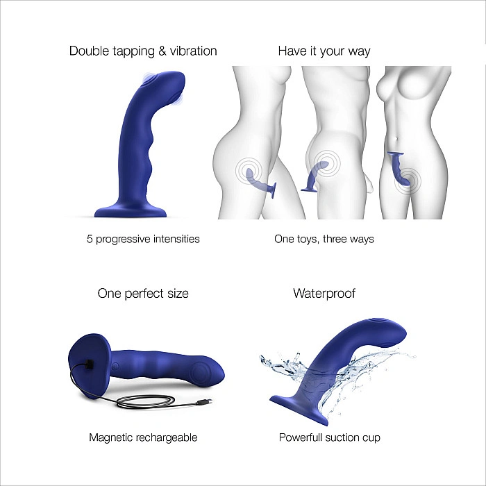 Насадка для страпона с двойной точечной пульсацией Strap-On-Me TAPPING DILDO WAVE – NIGHT BLUE, М