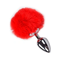 Металева анальна пробка Кролячий хвостик Alive Fluffy Plug M Red, діаметр 3,4 см